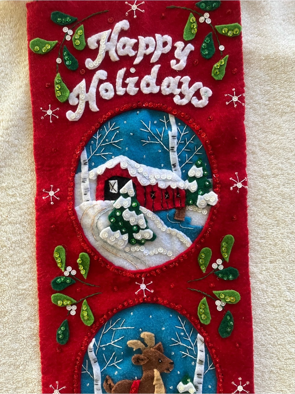 Bucilla Red Felt 'Happy Holidays' Vertical Banner with Blue Snowy Vignettes - Picture 2 of 8